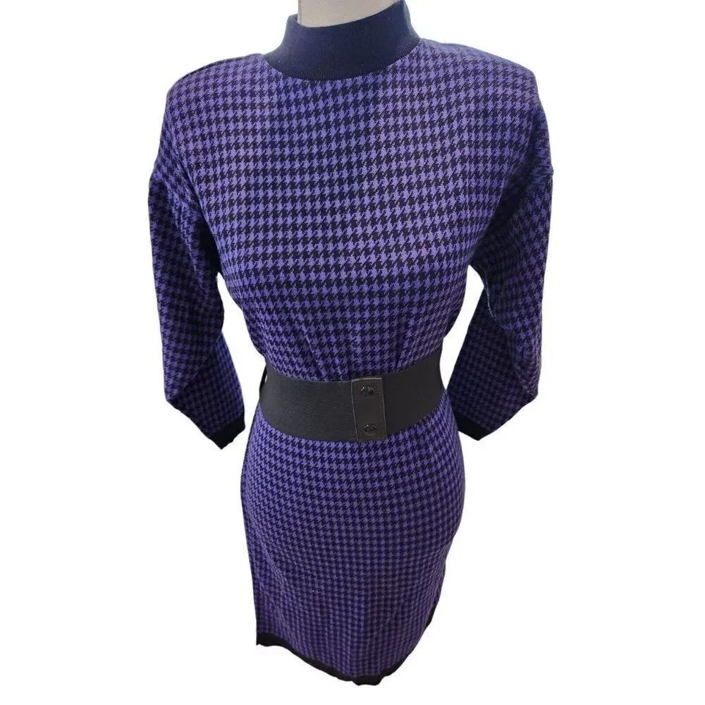 Vintage 80s Spago Knits Purple Black Check Kint Sweater Dress L Belted